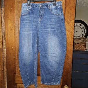 SIDEFEEL Women's Barrel Leg Jeans Sz 14 Medium Wash Cropped Wide Leg Denim Baggy